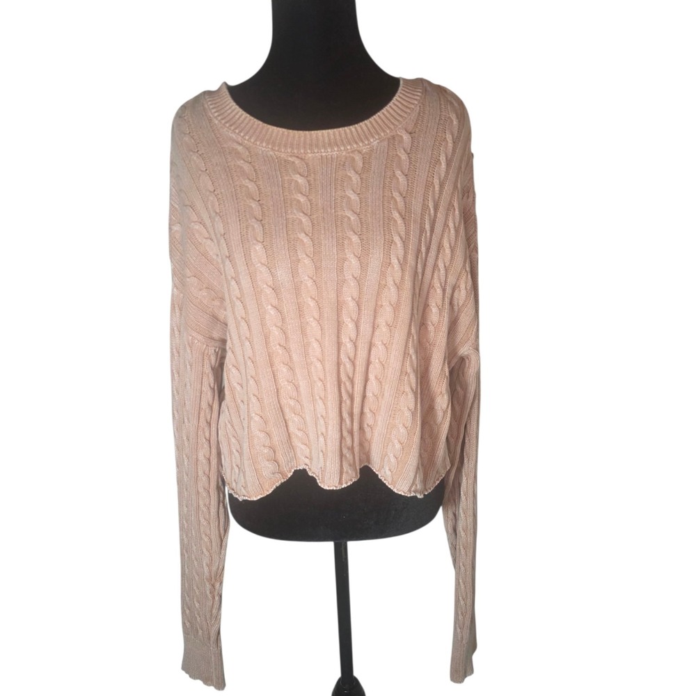 Aerie Womens M Blush Tan Cable Knit Oversized Cropped Crew Neck Sweater